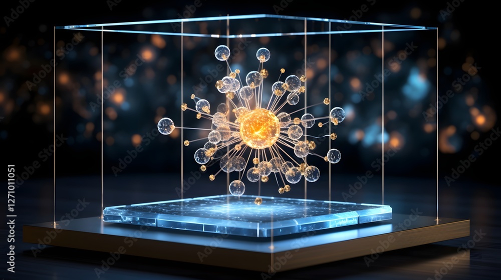 Poster futuristic holographic display showcasing a 3d visualization of a radioactive molecular structure re