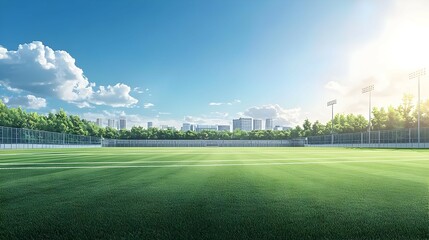 Green Grass Field and City Skyline on Sunny Day