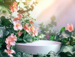 White round podium surrounded by lush pink flowers and green leaves in a soft, sunlit garden setting.