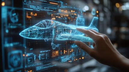 Futuristic Concept of Aerospace Technology with Holographic Display of a Jet Aircraft and Human Interaction in a High-Tech Environment