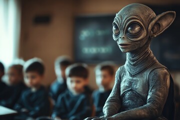 Alien presence in classroom during science lesson with curious students observing carefully