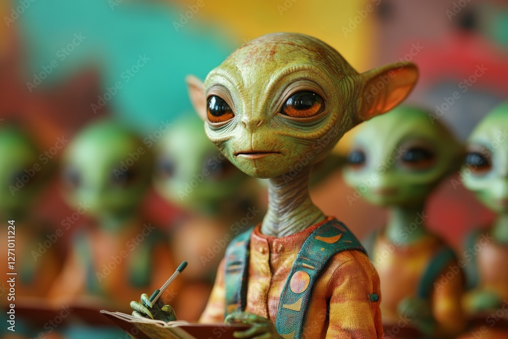 Aufkleber alien characters engaging in artistic activity under vibrant background in a playful setting