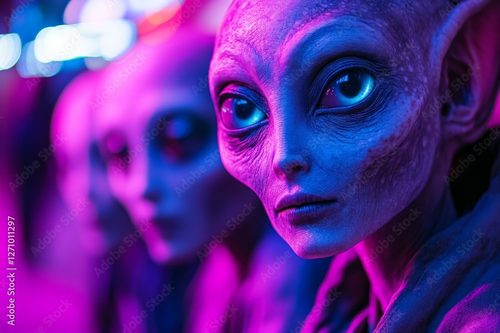 Poster unique alien figures with vibrant features in an illuminated environment showcase intriguing artistr