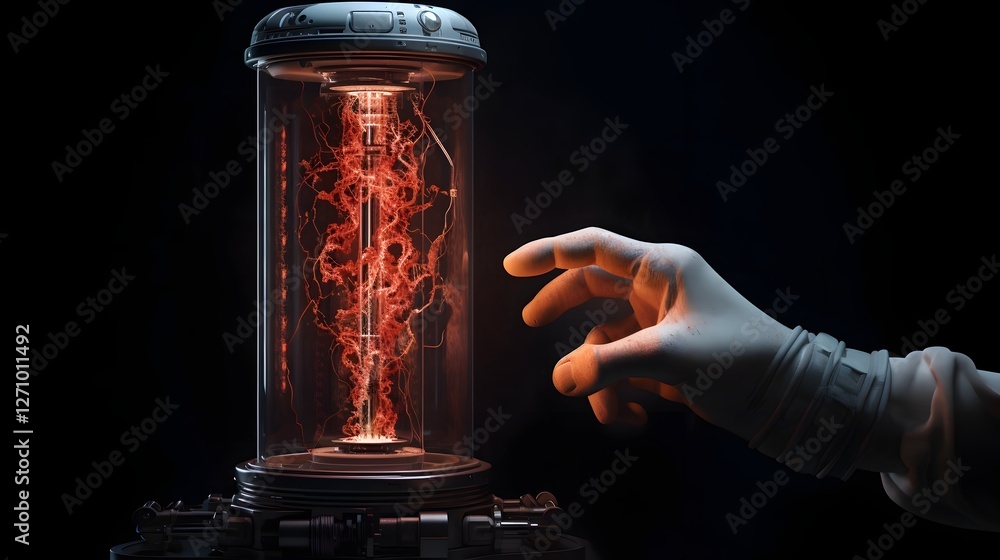 Poster futuristic robotic arm carefully manipulating a radioactive sample inside a sealed secure laboratory