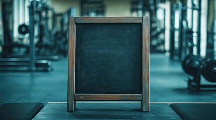 Empty chalkboard in a gym setting, with weights and exercise equipment in the background