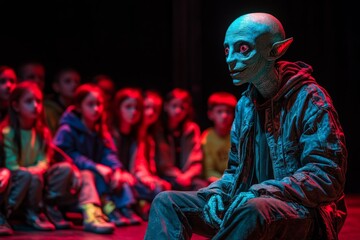 Fototapeta premium Alien character entertains children during theatrical performance in indoor venue at night
