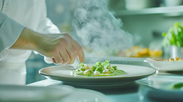 Chef's gourmet plating in the kitchen