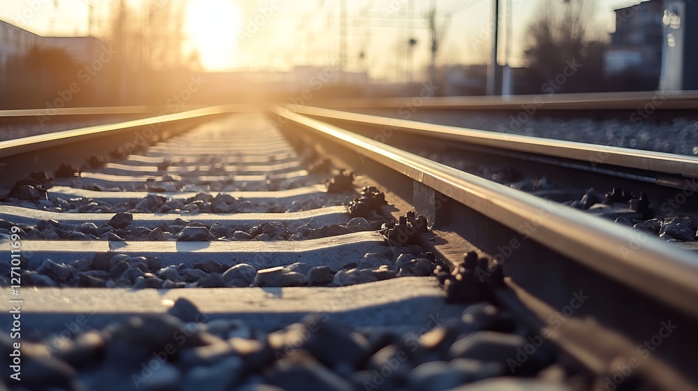 Poster Close view of railway tracks at sunset highlighting the path into a warm and vibrant horizon : Generative AI