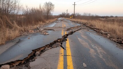 Torn-up road with cracks and debris left in the wake of a powerful twister, eerie silence fills the air following the storm.