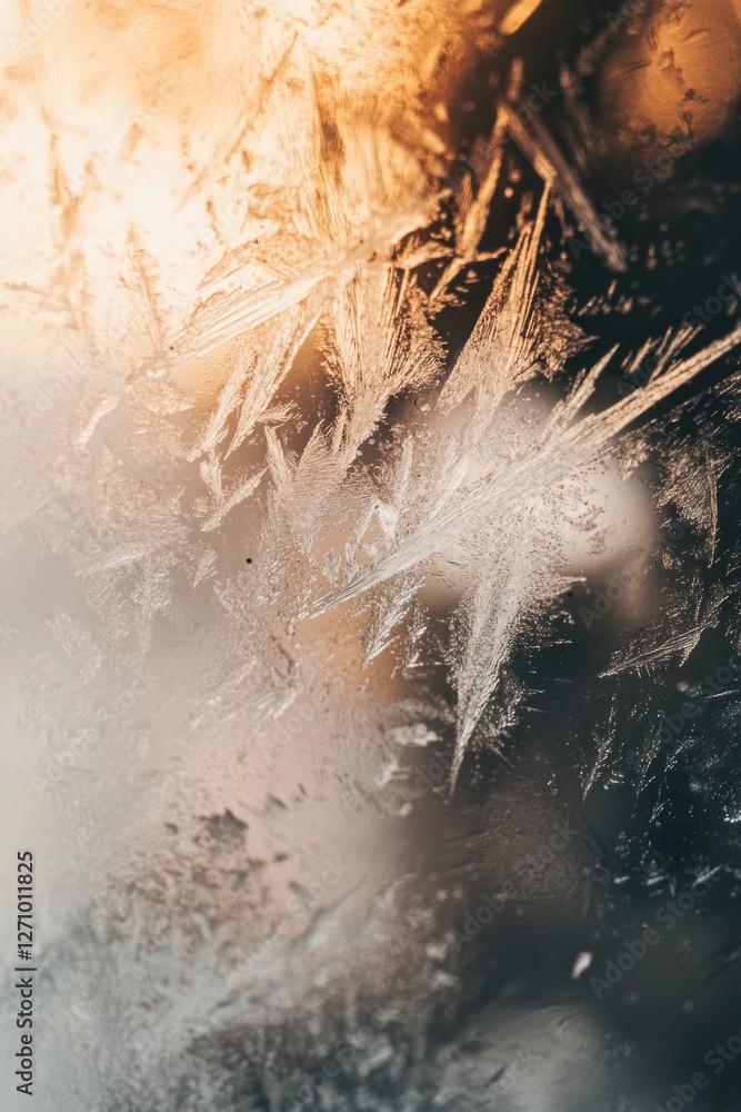 Poster frosted window with intricate ice patterns at dawn