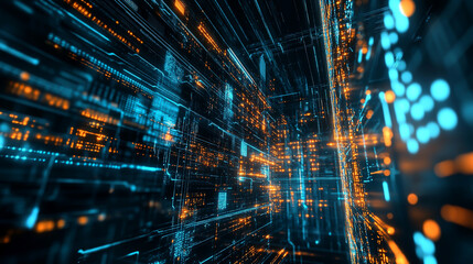 Fototapeta premium Abstract technology background. Ideal for neural network, cybersecurity, data stream, database, science, supercomputer, cloud computing cinematic view.