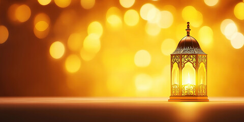 Fototapeta premium Minimalist Ramadan Kareem card featuring decorative lantern with warm bokeh backdrop