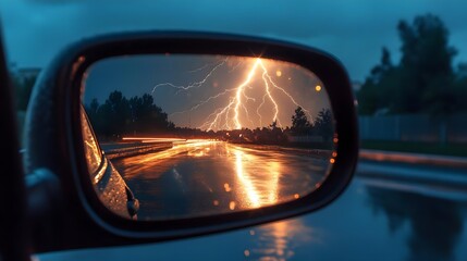 Dramatic lightning strikes illuminate a rainy road reflected in a car's side mirror during a storm