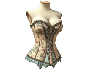 Elegant vintage corset displayed on dressmaker dummy, showcasing intricate floral patterns and lace details. Perfect for fashion design inspiration and historical costume reference