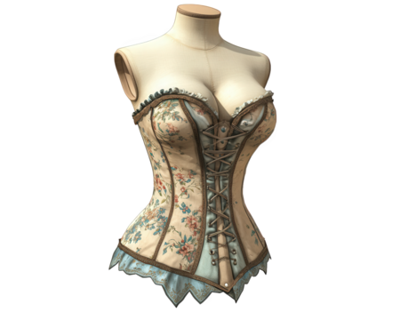 Elegant vintage corset displayed on dressmaker dummy, showcasing intricate floral patterns and lace details. Perfect for fashion design inspiration and historical costume reference