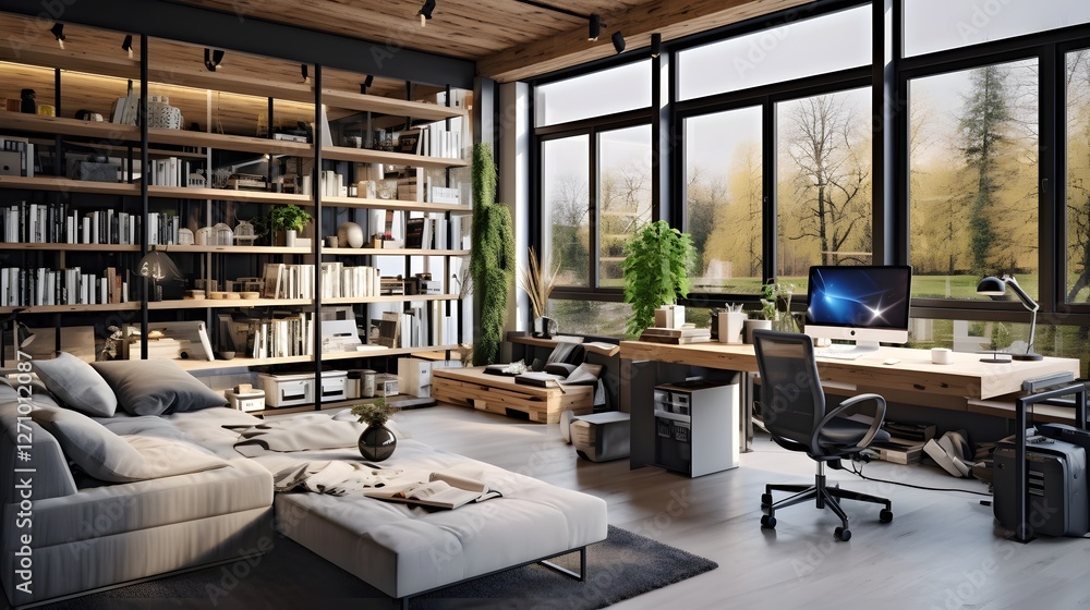 Poster a modern living room has been transformed into a sleek and efficient remote work environment featuri
