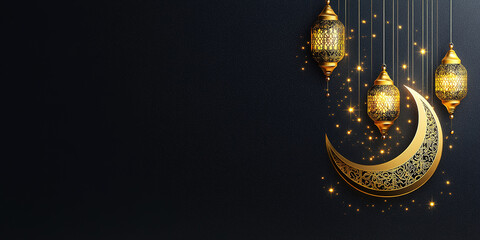 Elegant Ramadan Kareem card design with crescent moon and lanterns set in luxurious black and gold colors
