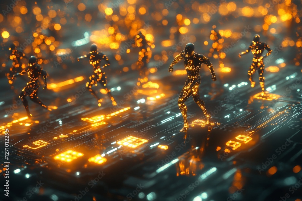 Poster digital figures running through a circuit-like landscape with glowing patterns at night