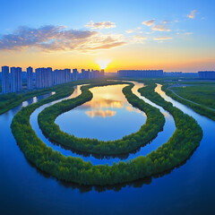 Urban river winds through lush greenery reflecting the sunrise and distant buildings.