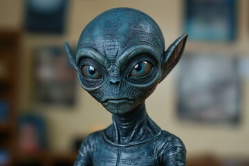 Intricate alien sculpture displayed in a cozy indoor environment showcasing fine details and a mysterious expression