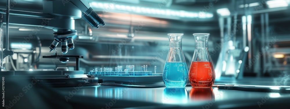 Poster modern laboratory with microscope and flasks containing blue and red liquids.