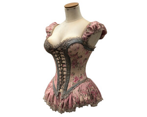 Elegant vintage corset displayed on dressmaker dummy, featuring floral patterns and lace details. This piece embodies classic fashion design and craftsmanship - obrazy, fototapety, plakaty