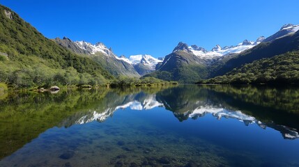 Fototapeta premium Stunning mountain landscape reflected in the serene calm waters of a pristine lake : Generative AI