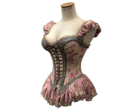Naklejki Elegant vintage corset displayed on dressmaker dummy, featuring floral patterns and lace details. This piece embodies classic fashion design and craftsmanship