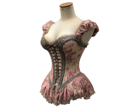 Elegant vintage corset displayed on dressmaker dummy, featuring floral patterns and lace details. This piece embodies classic fashion design and craftsmanship