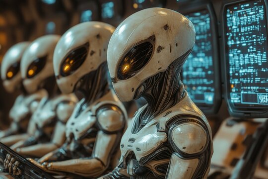Advanced robotic beings seated in a futuristic control room engaged in monitoring tasks