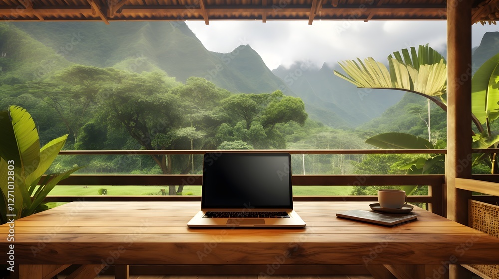 Aufkleber sleek and stylish laptop set up on a wooden desk with a beautiful scenic window view creating an ins