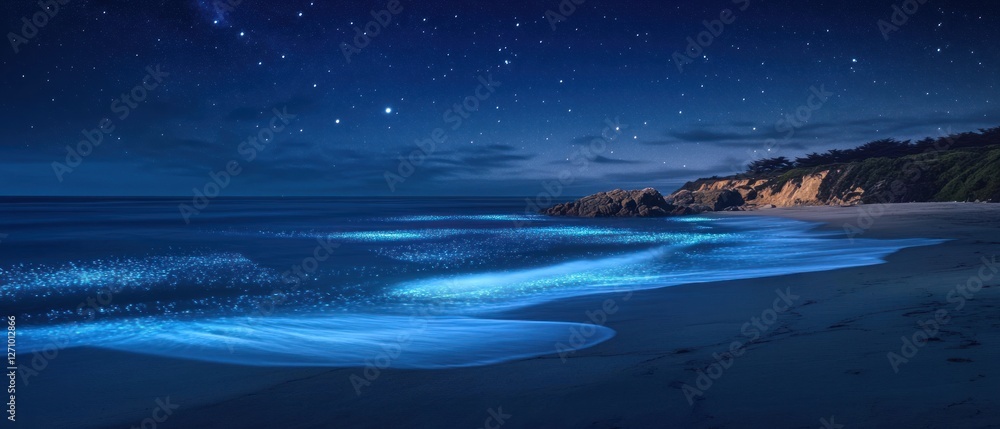 Poster serene night beach scene with glowing waves under a starry sky and distant cliffs in the background
