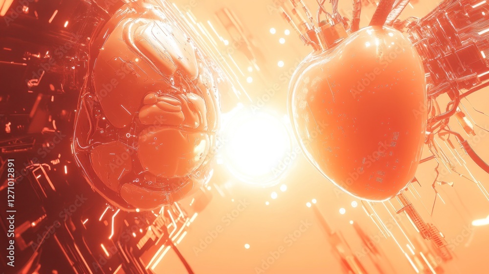 Aufkleber abstract orange glowing heart-like forms connected by circuitry in futuristic setting.