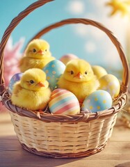 little fluffy yellow chicken chicks sitting in a basket together with Easter painted eggs, Easter photo for postcard design
