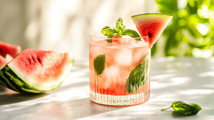 Refreshing watermelon and basil cocktail with ice cubes in glass on marble counter, sunny outdoor setting.
