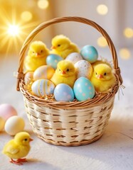 little fluffy yellow chicken chicks sitting in a basket together with Easter painted eggs, Easter photo for postcard design