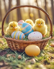 little fluffy yellow chicken chicks sitting in a basket together with Easter painted eggs, Easter photo for postcard design