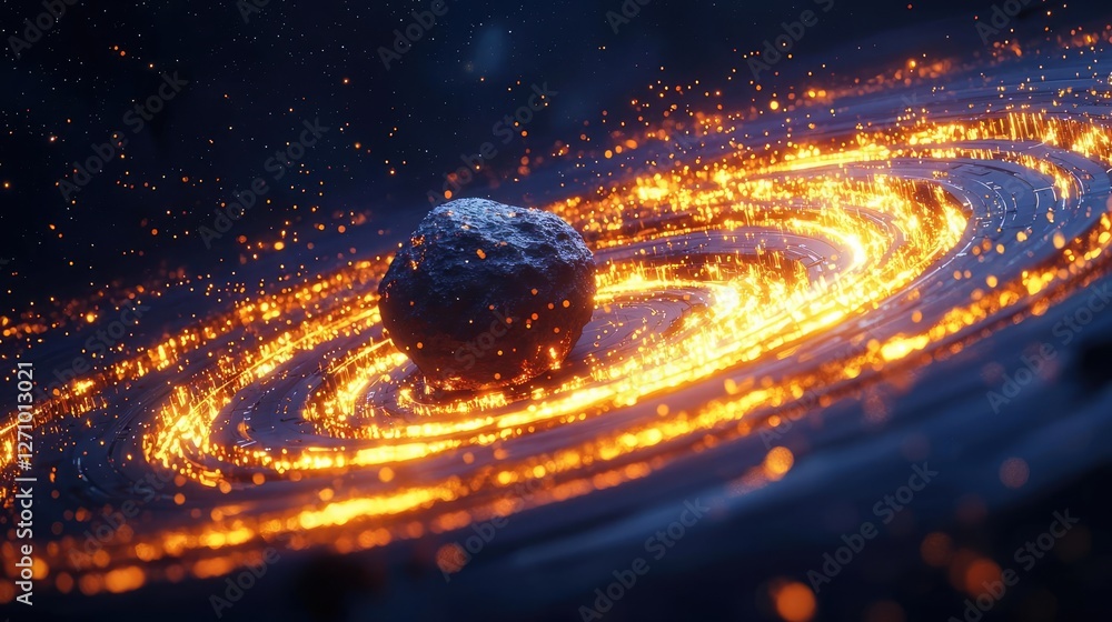 Poster asteroid impact idea. a mesmerizing cosmic swirl of lava and sparks surrounding a central rock forma