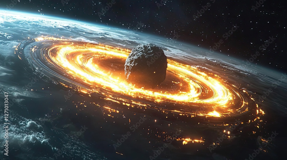 Aufkleber asteroid impact idea. a stunning visualization of a celestial body surrounded by glowing rings in sp