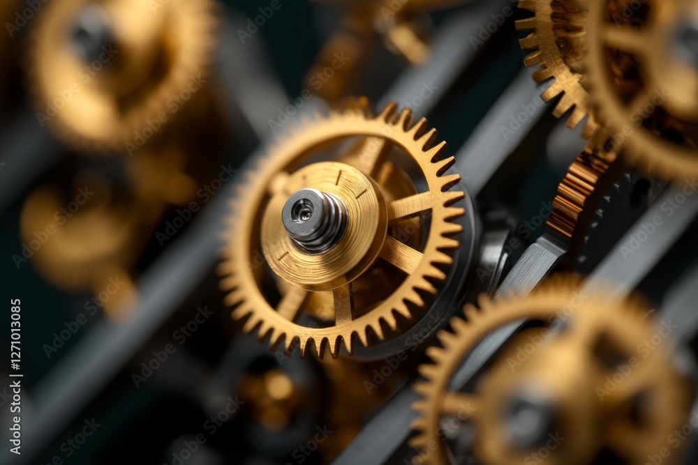 Poster close up of intricately designed golden gears showcasing precise craftsmanship in mechanical enginee