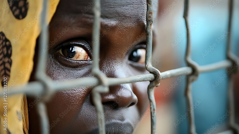 Poster intense stare of a young girl looking through a wire fence with a vulnerable expression : generative
