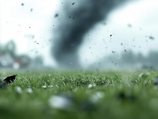 Obraz premium A rare and dangerous meteorological event unfolding in real-time, with a massive tornado splitting into twin funnels in the distance.