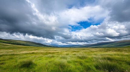 Obraz premium Expansive Open Field Under Dramatic Cloudy Sky in a Beautiful Natural Landscape : Generative AI