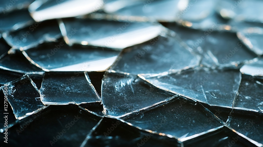 Poster CloseUp of Broken Glass Fragments Reflecting Light in an Abstract Composition : Generative AI