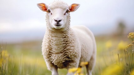 Obraz premium Curious Sheep Gazing at the Camera in a Scenic Meadow with Vibrant Flowers : Generative AI