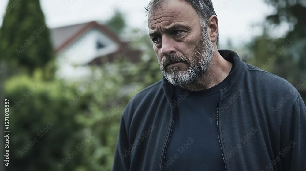 Poster middleaged man with beard looking thoughtfully in garden reflecting serious emotions : generative ai