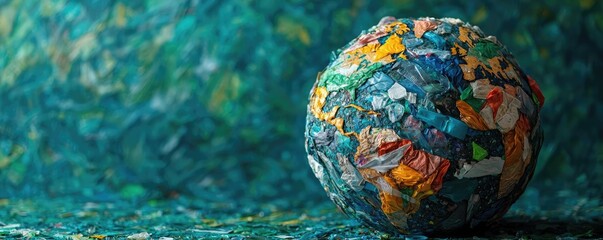 Plastic pollution concept. A globe made of colorful plastic waste symbolizes environmental pollution and recycling.