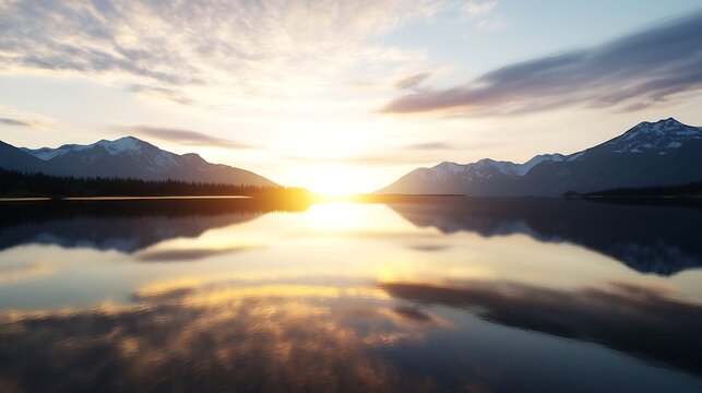 Breathtaking Mountain Reflection on Calm Lake During Dramatic Sunrise : Generative AI