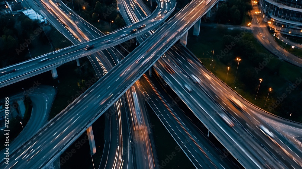 Aufkleber aerial view of a busy highway interchange illuminated at night highlighting traffic flow and urban l