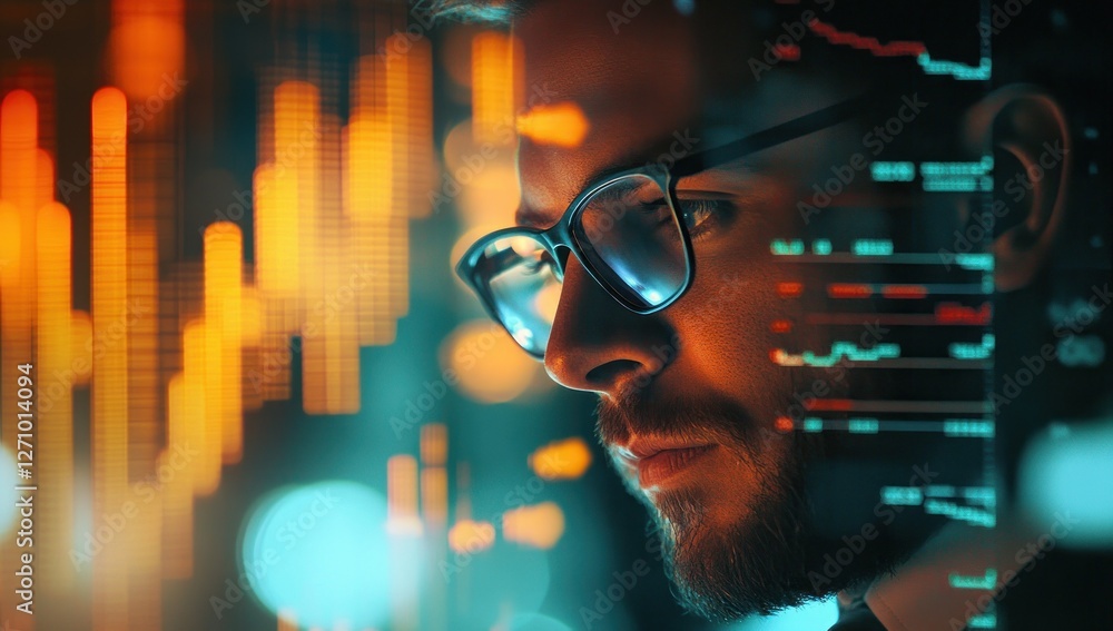 Poster focused man in glasses analyzing data charts on screen.